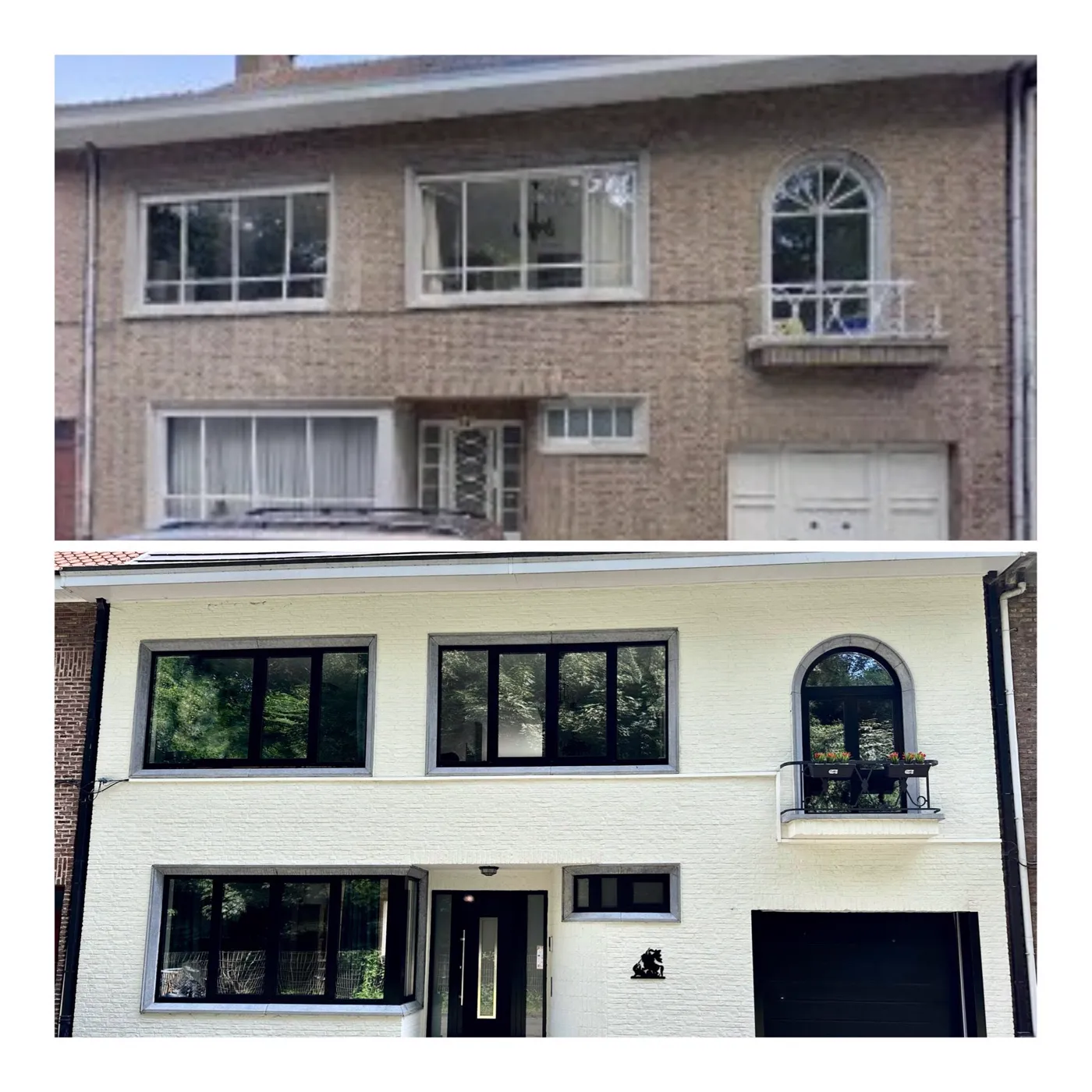 Een woning uit de jaren zestig voor en na renovatie: van bruine baksteen naar een lichte gevel met zwart schrijnwerk.